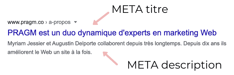 Meta titre et meta description dans un résultat de recherche sur Google