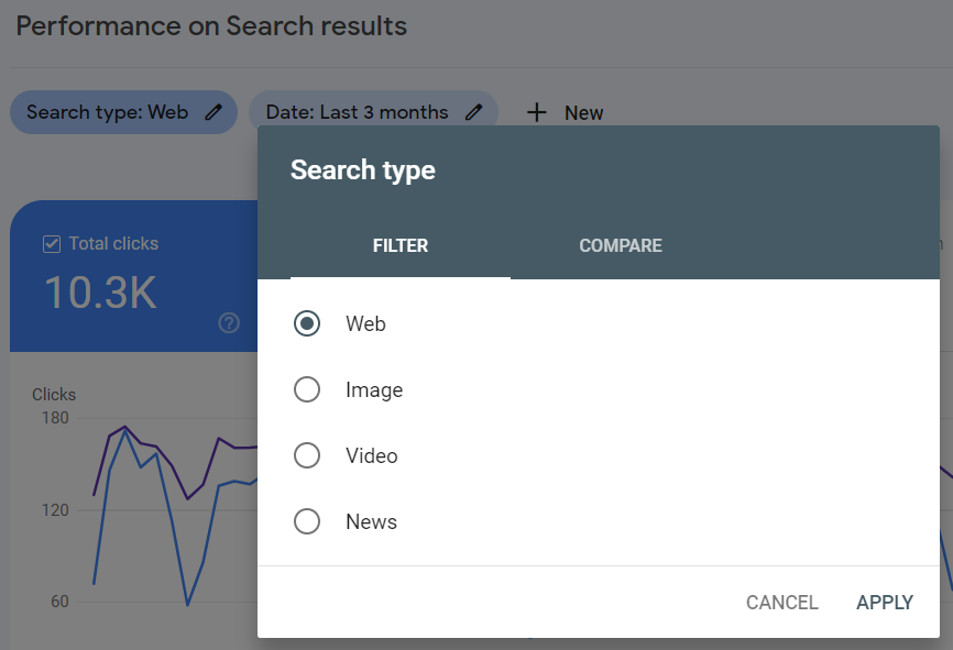 Showing search type on Google search console