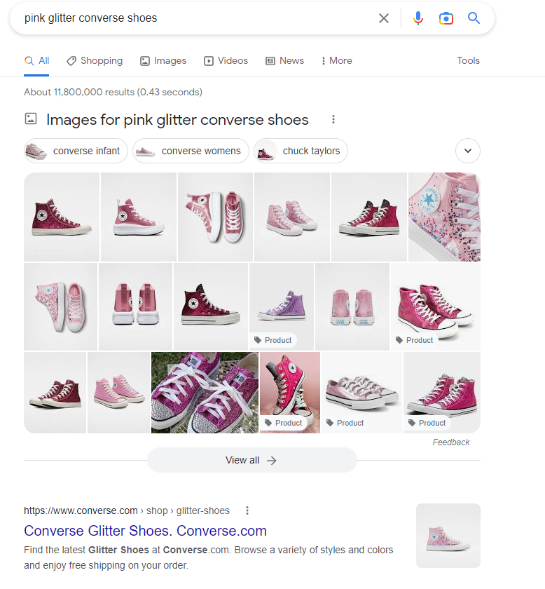 Pink glitter converse shoes in the search result
