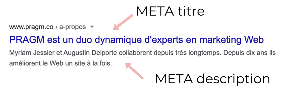 meta titre et description SEO : ça ressemble à un titre en bleu et deux phrases en dessous en noir