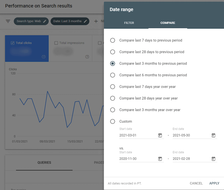 Comment comparer 2 périodes dans Google Search Console